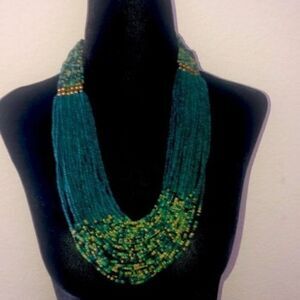 folk necklace Vintage multi strand layer handmade beaded green